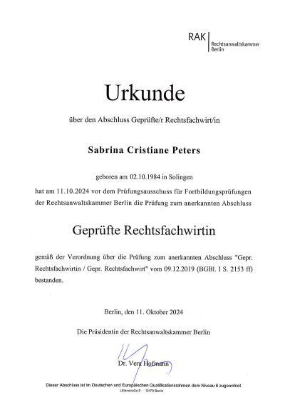 Urkunde: Abschluss Geprüfte Rechtsfachwirtin