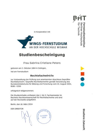 Studienbescheinigung: Rechtsfachwirtin