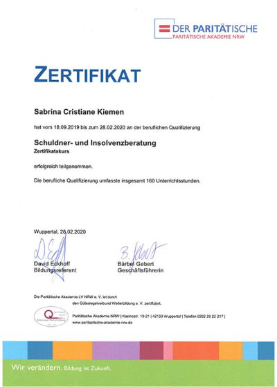 Zertifikat: Schuldner- und Insolvenzberatung.