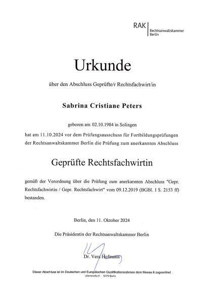 Urkunde: Abschluss Geprüfte Rechtsfachwirtin